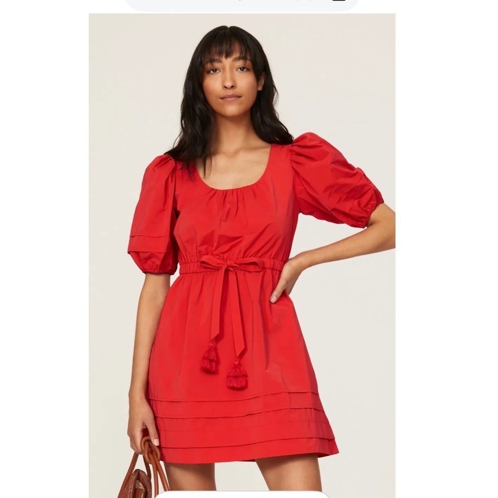Toccin NY Mini Dress Women 12 Red Tassel Belt Puff Sleeve T2111D01